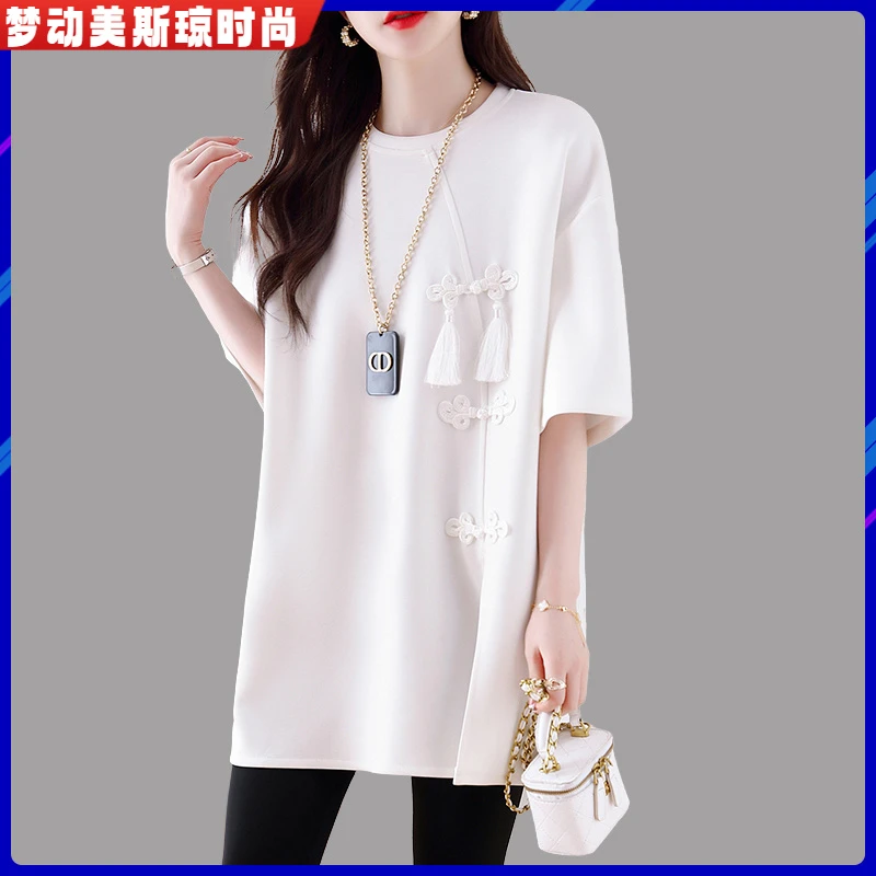 1新中式国风白色t恤女夏季2025复古盘扣中长款遮屁股体恤上衣I