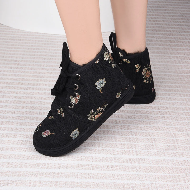 【芙蓉-低帮系带毛绒】手工布鞋千层底布鞋民族风系带平底北京布鞋