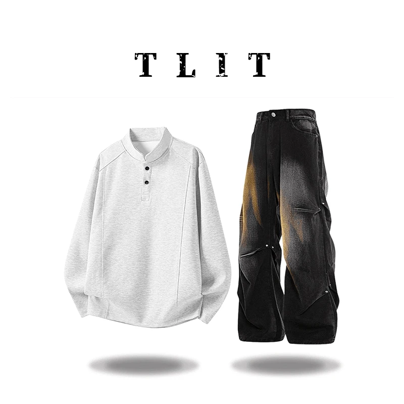 【品牌正品现货】TLIT秋冬款白灰色领长袖t恤加绒加厚纯色卫衣男