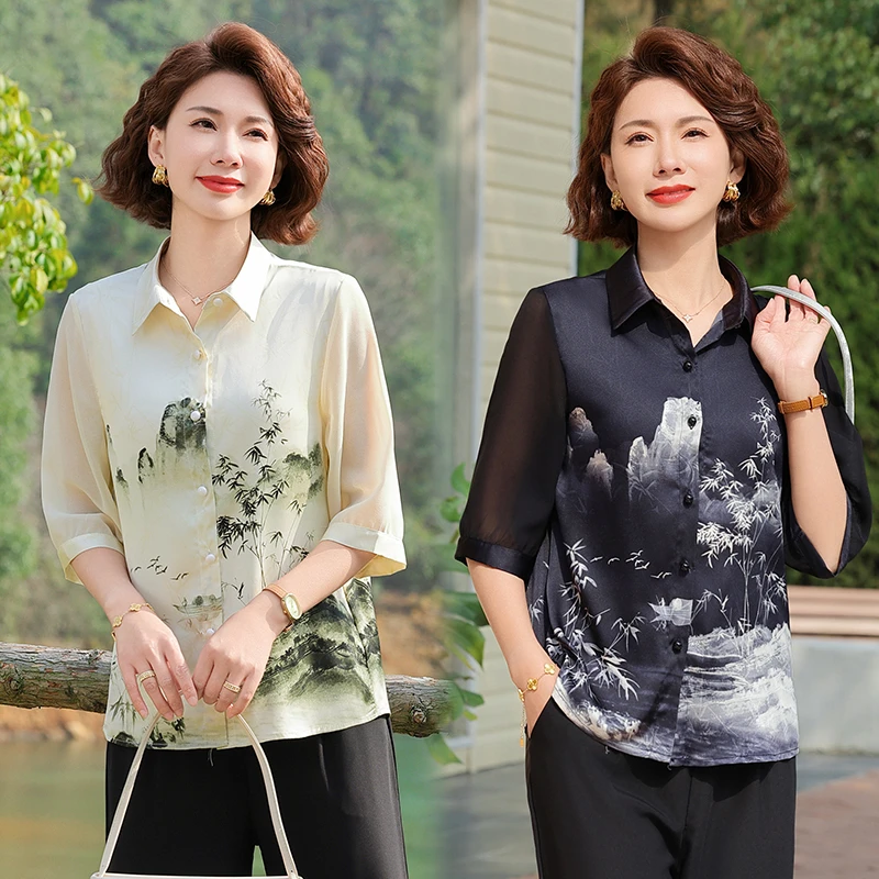 中老年女装春风雅韵上衣时尚宽松中老年雪纺衫薄款夏季夏装