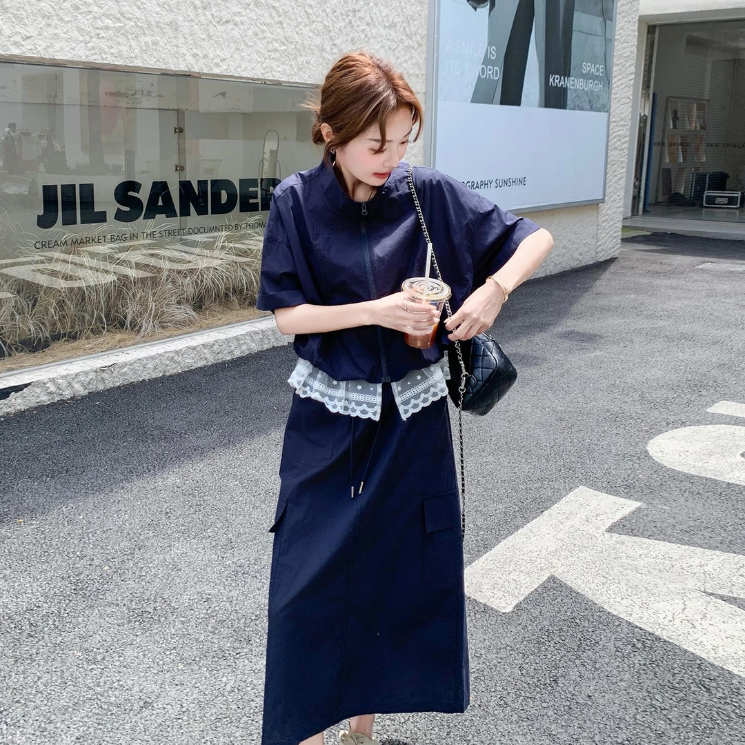 法式复古工装套装女2025休闲蕾丝拼接上衣运动半身裙两件套夏季