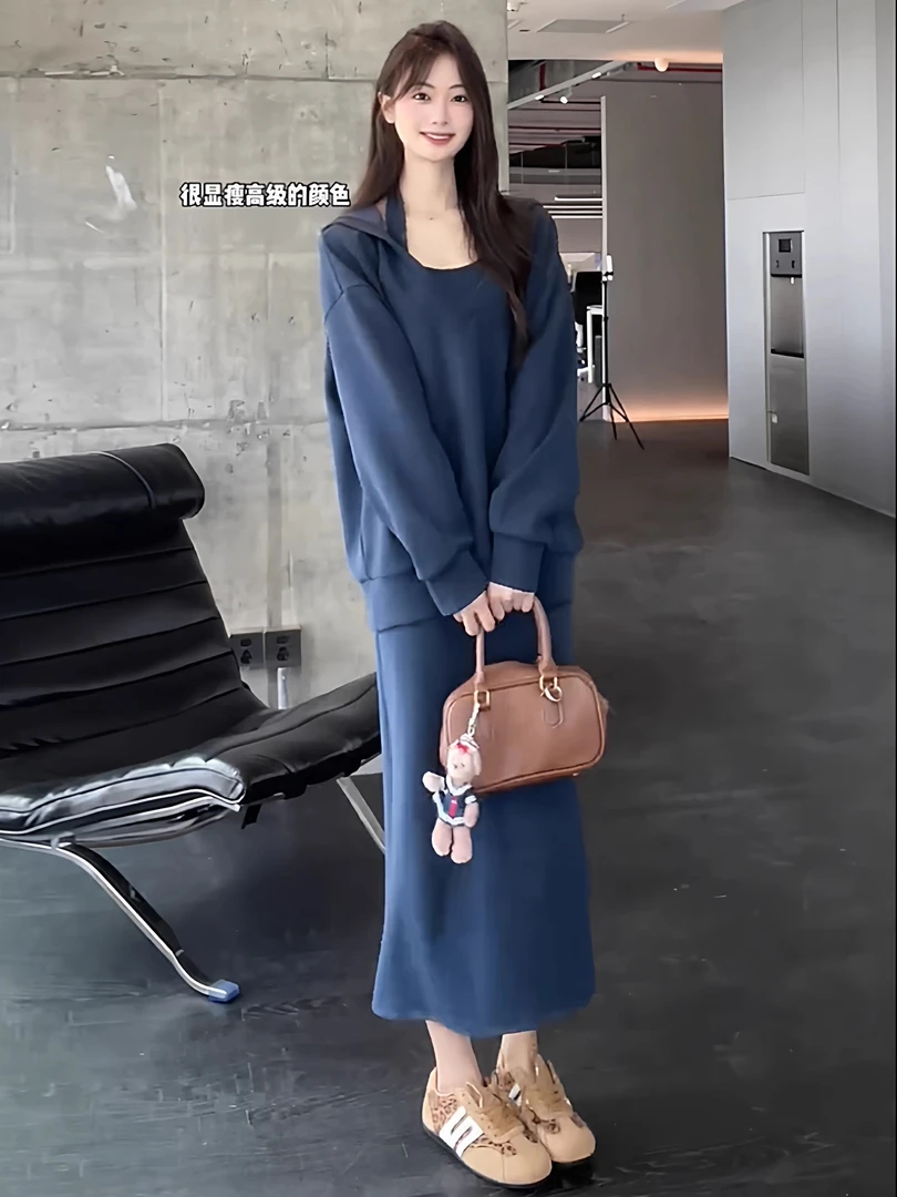 松本丧丧纯色卫衣套装设计套头卫衣秋季初秋挂脖裙穿搭两件套装