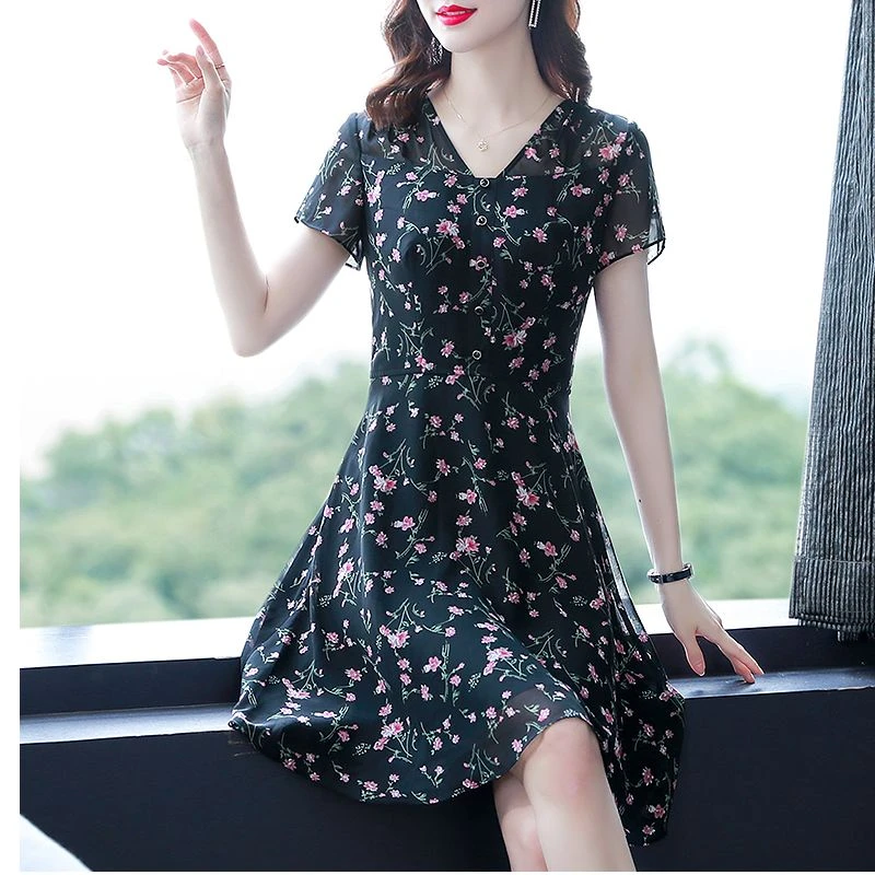 【品牌特价】85012花色碎花连衣裙短袖黑色裙