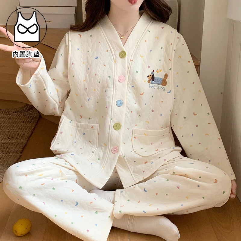 【秋冬-空气棉/带胸垫】孕妇睡衣月子服纯棉冬季10-3月哺乳睡衣喂奶