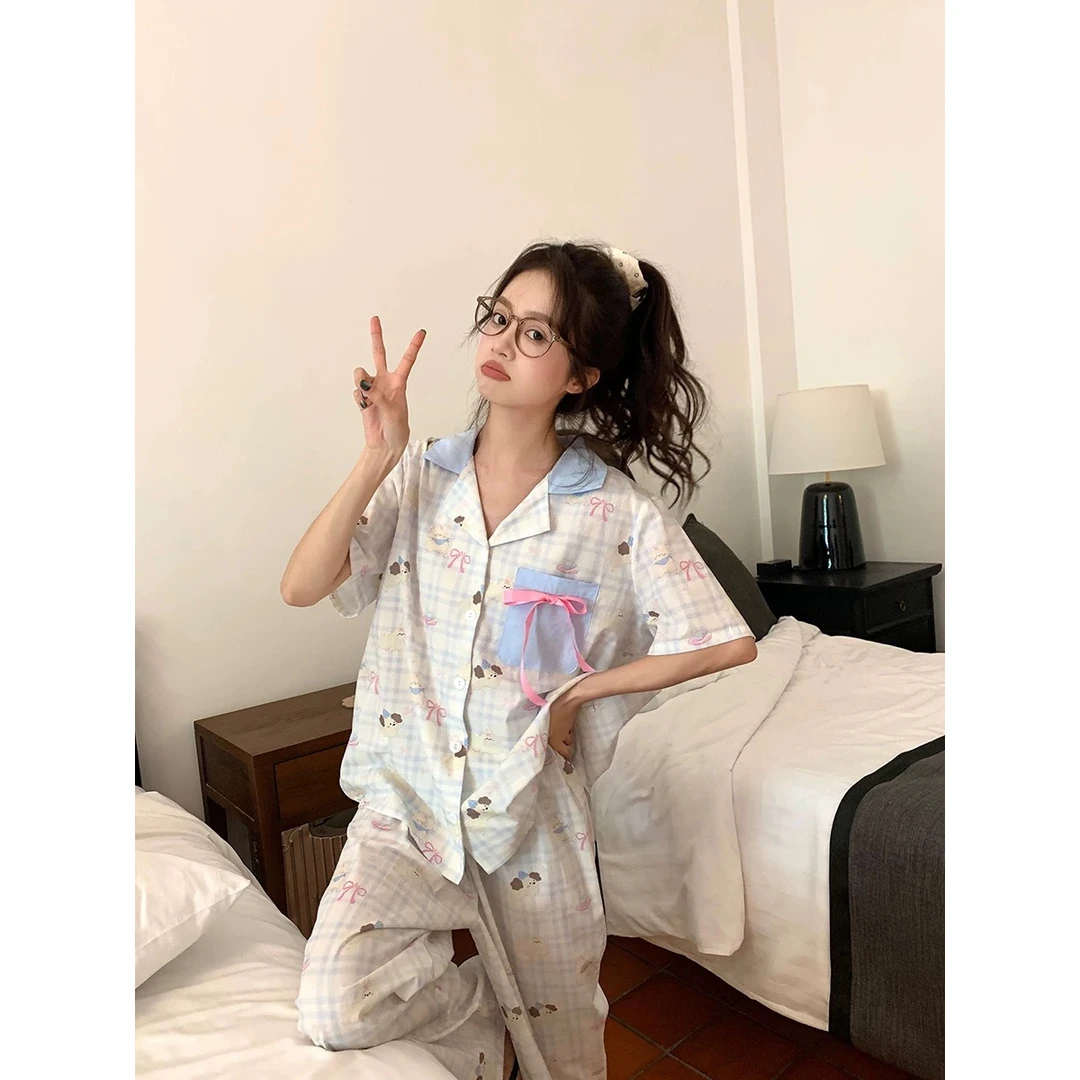【SHUM】夏季少女睡衣蓝格小狗短袖长裤开衫翻领家居服套装