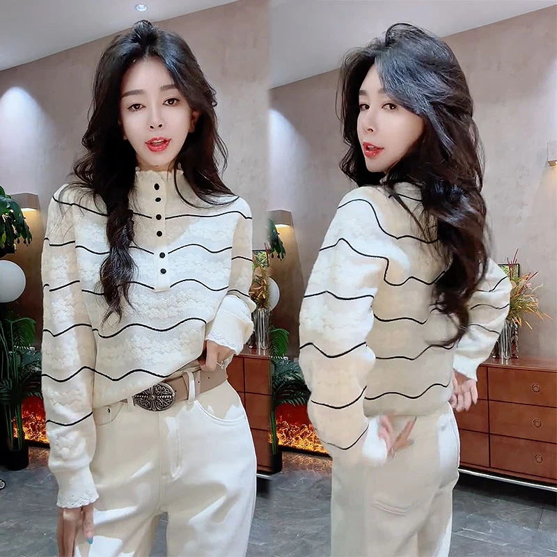 韩版设计感条纹提花木耳领套头长袖针织衫秋冬新款洋气百搭打底衫