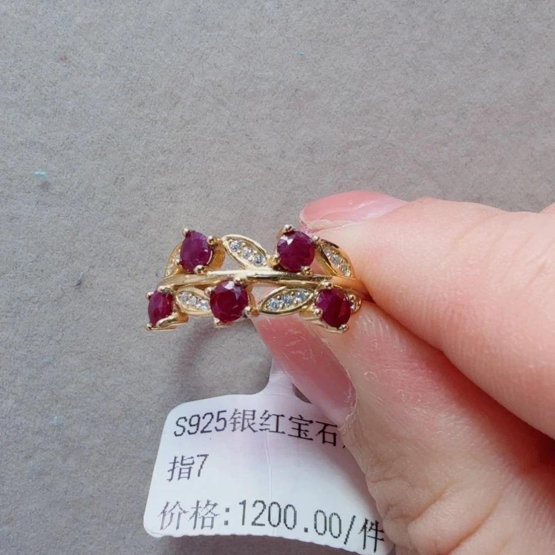 红宝石戒指银S925镀金镶嵌
