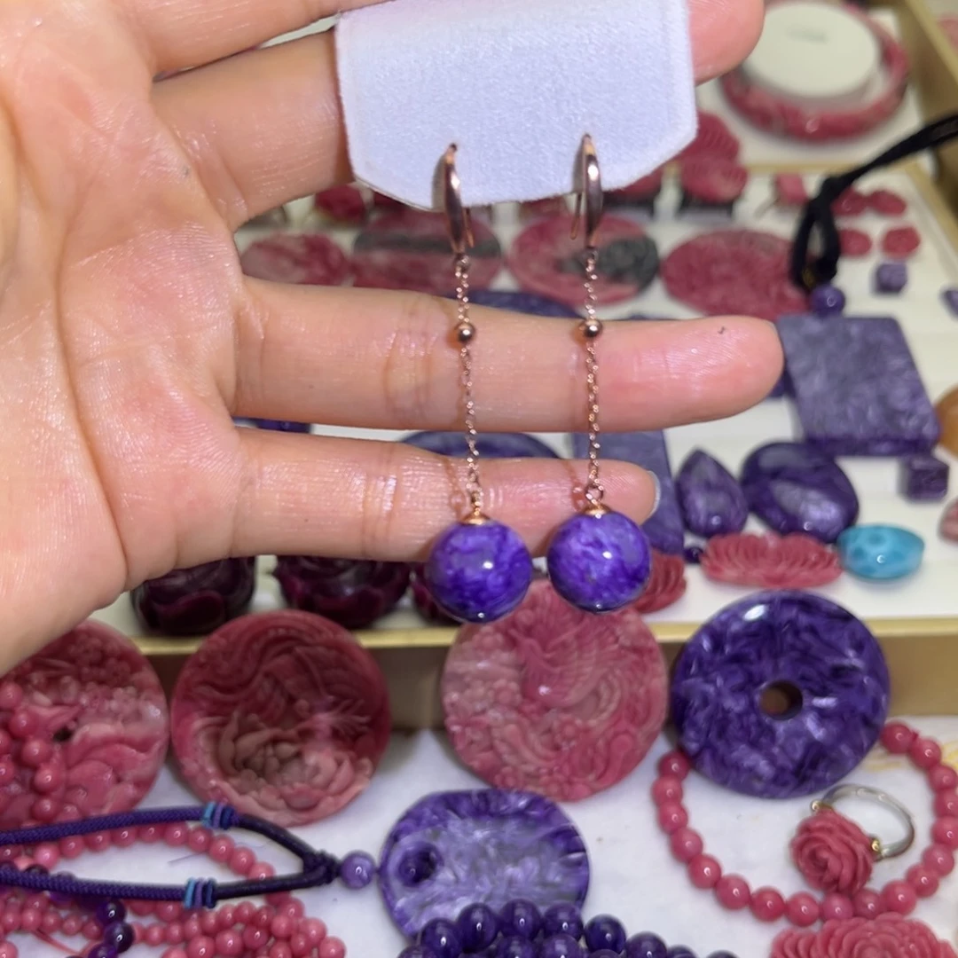 查罗石（紫龙晶）银S925镀金镶嵌耳坠