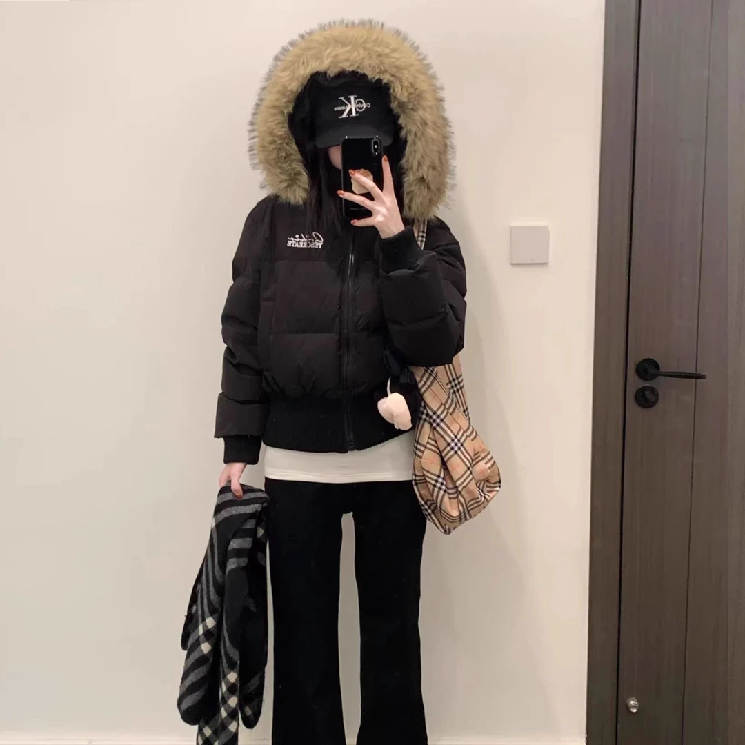 2025新款美式黑色大毛领连帽羽绒棉服女冬季加厚保暖短款棉衣外套