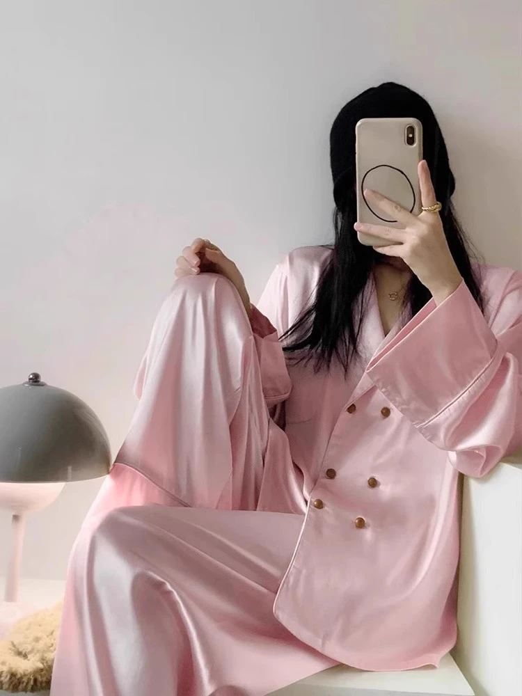 【DMXJ大梦想家】法式粉色光泽感睡衣女春秋款新款家居服套装可外穿