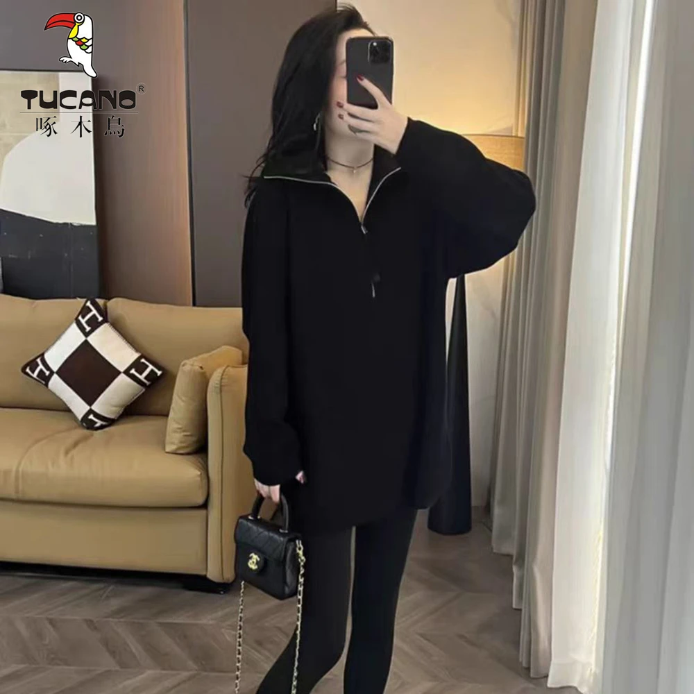 啄木鸟立领半拉链卫衣女2024新款春秋宽松慵懒风设计感中长款上衣