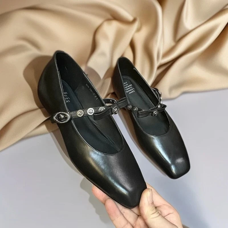 真皮~牛皮内增高3公分/春秋复古方头蝴蝶结浅口通勤平底单鞋