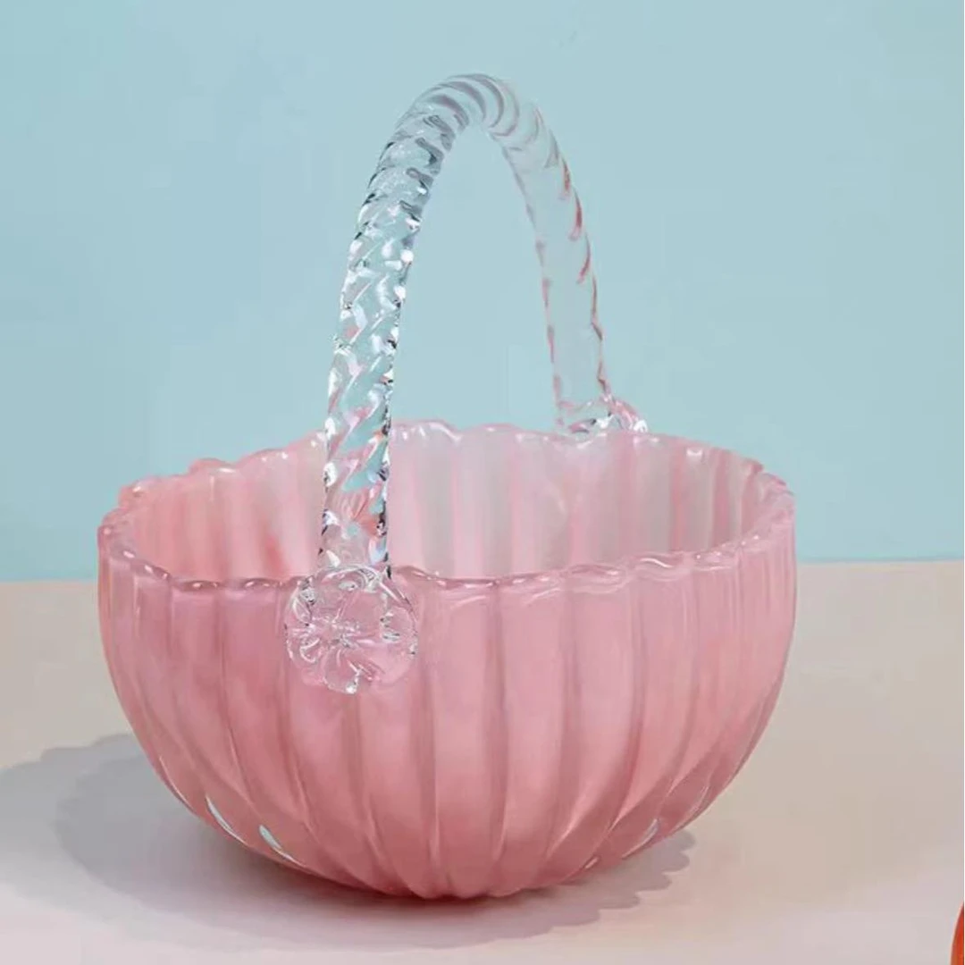 新粉色西瓜圆提篮琉璃水果篮桌面摆件24