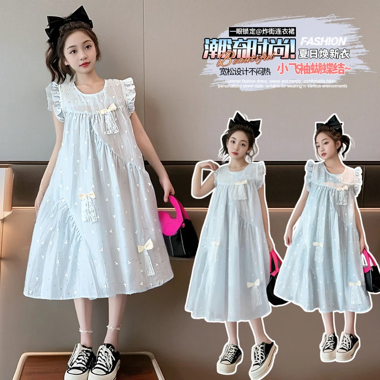 女童公主裙蝴蝶结碎花裙子无袖韩版洋气甜美碎花背心连衣裙夏季
