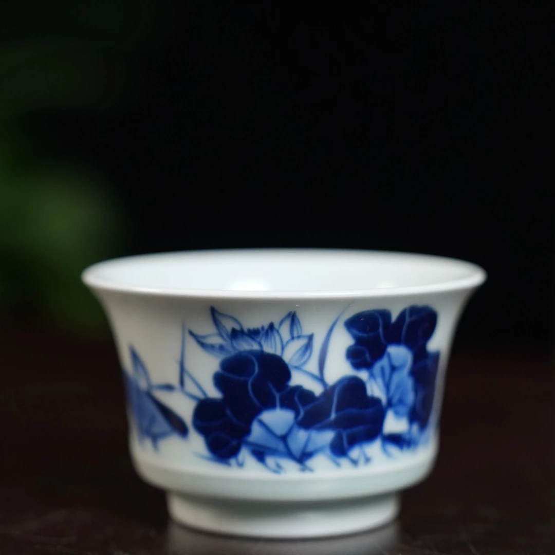 凤凰柴窑 手绘荷花撇口杯