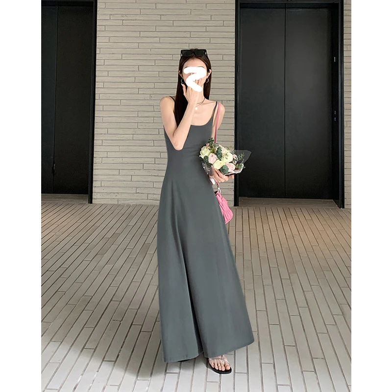 纯欲纯色吊带连衣裙女夏季新款修身显瘦A字背心裙大摆收腰长裙子