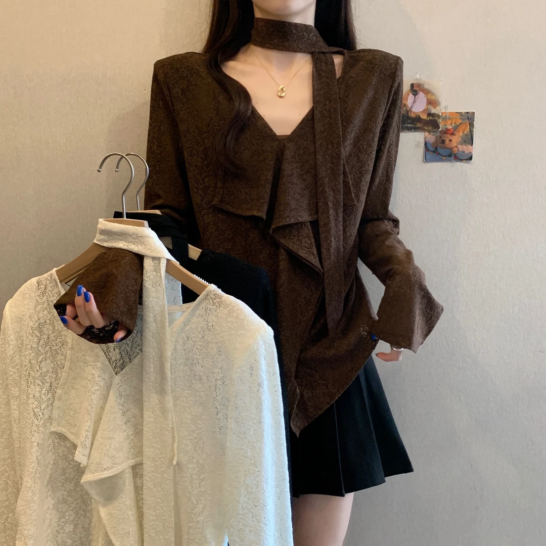 新品荷叶边飘带挂脖V领正肩长袖T恤女2025早秋胖mm漂亮小衫喇叭袖