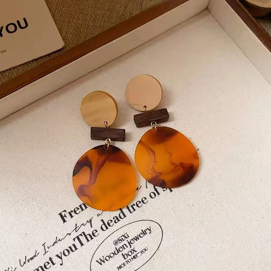 铜合金树脂耳饰 新中式圆形木头不规则耳环小众设计感时尚气质