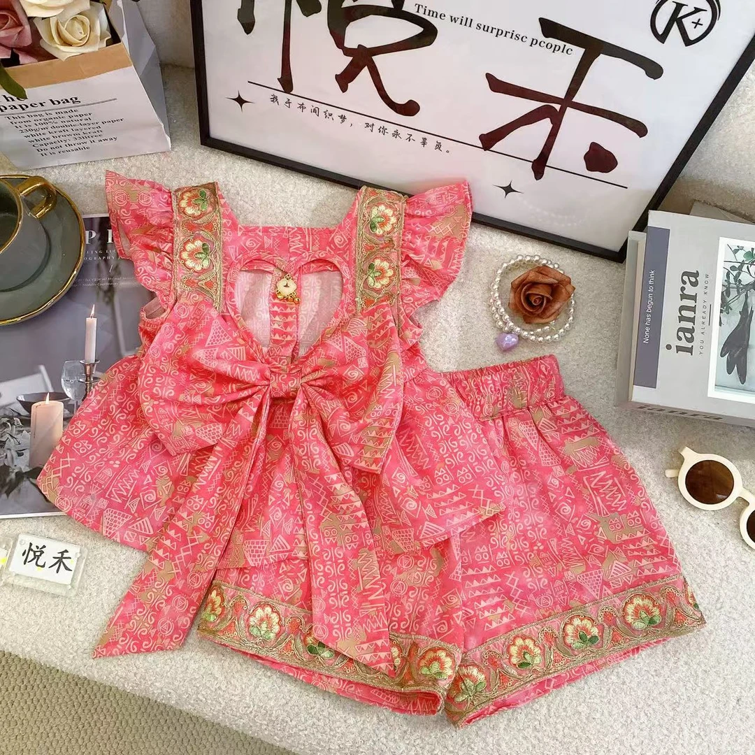 T3【悦禾】女童千金风粉色蝴蝶结新款个性蝴蝶结女宝儿童套装80724