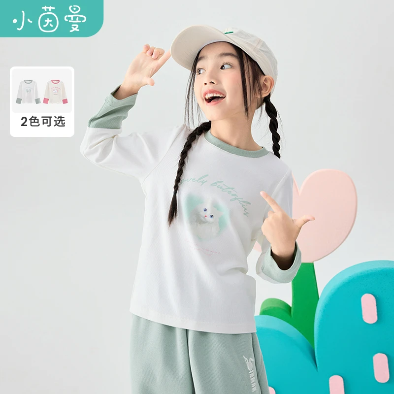 【T恤长袖】小茵曼女童长袖t恤撞色圆领2025秋可爱卡通印花打底衫