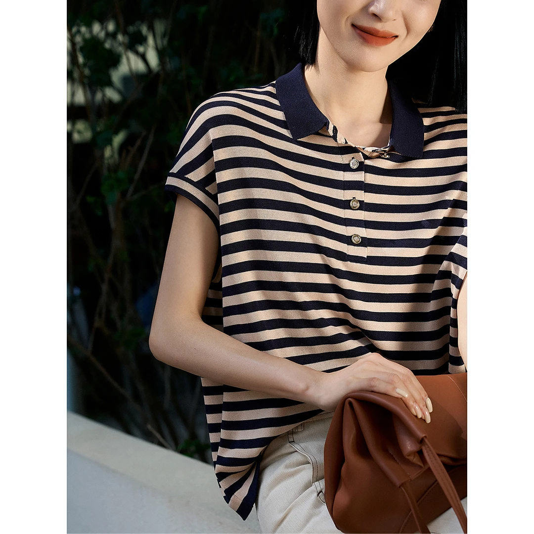 笑涵阁 松弛复古~翻领半开襟针织条纹T恤/上衣女新ZZS863177MG