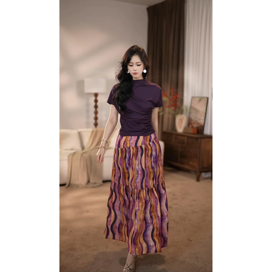 【安安】多彩旅行家 彩色海带大摆百搭A字高腰裙-HZ621