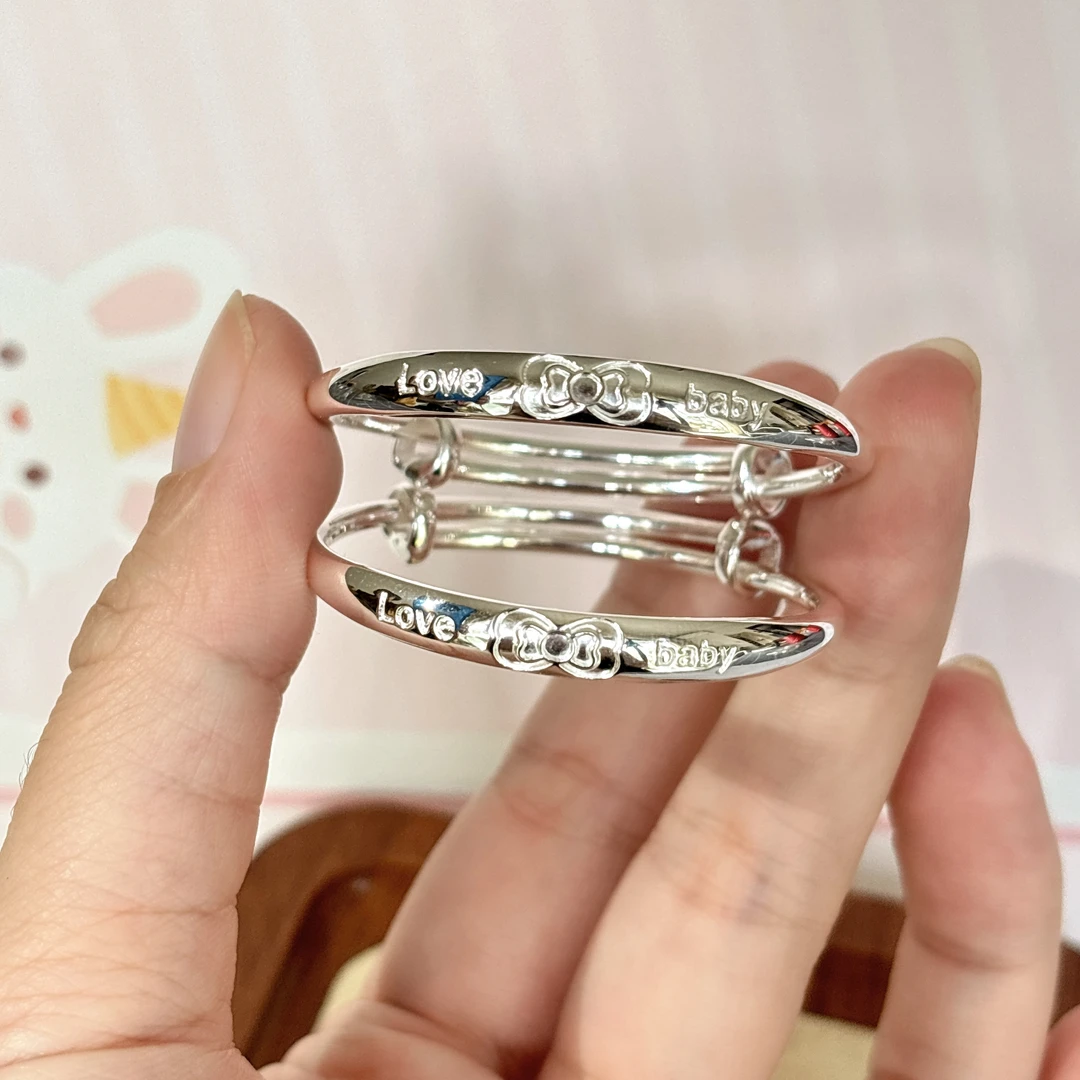 足银手镯 假一罚十 足银999.9蝴蝶结宝宝手镯实心儿童可调节