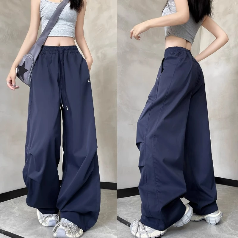 藏青色美式运动裤女夏季薄款休闲宽松小个子垂坠感速干阔腿工装裤