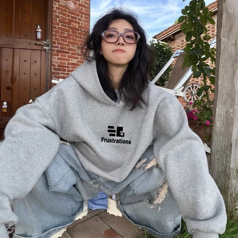 灰色卫衣女连帽外套2025早秋新款冬季加绒加厚韩系宽松长袖上衣女