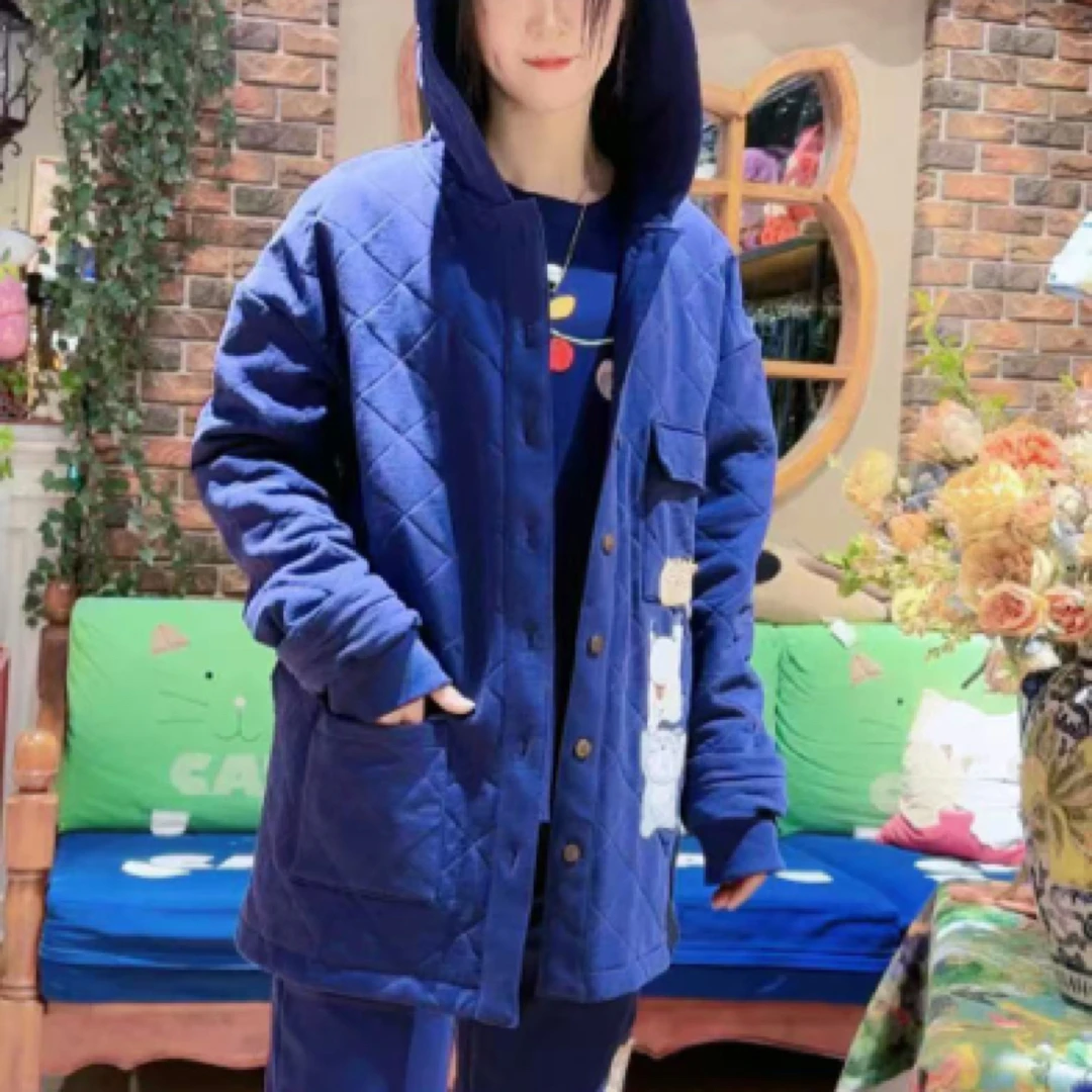 HIKOSEN CARA/卡拉猫菱形格帽长款棉服