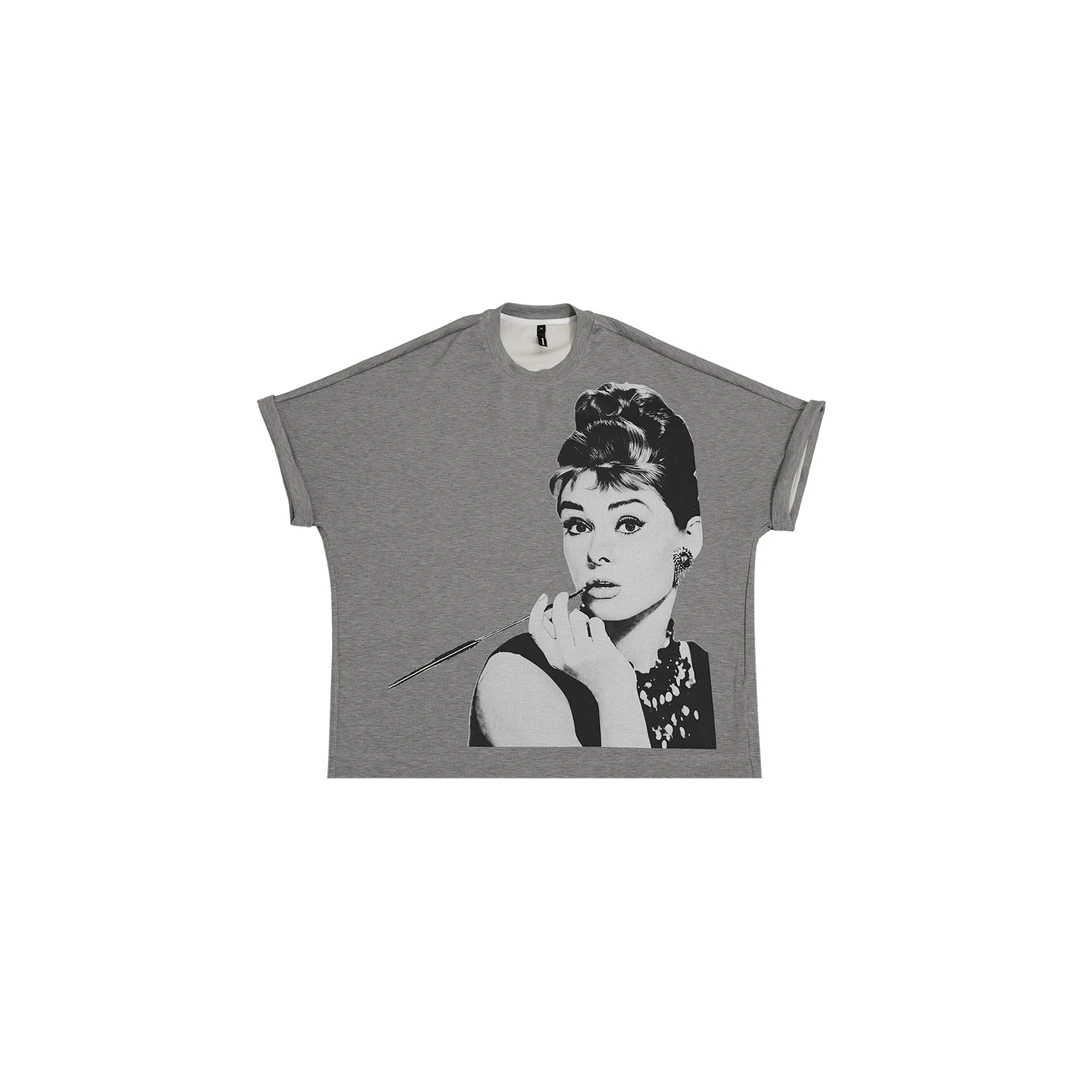 GGAHOLIDAY美式休闲宽松印花街头复古个性卷边短袖灰色T恤-152003