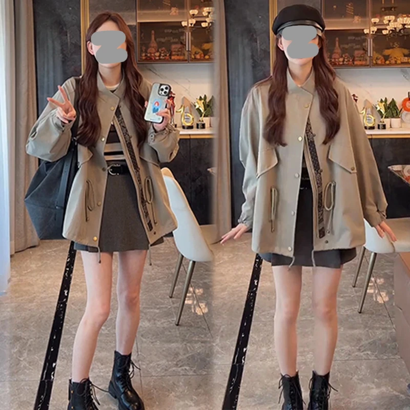 高级感时尚百搭宽松廓形收腰风衣外套2025早秋款简约纯色拼接外套