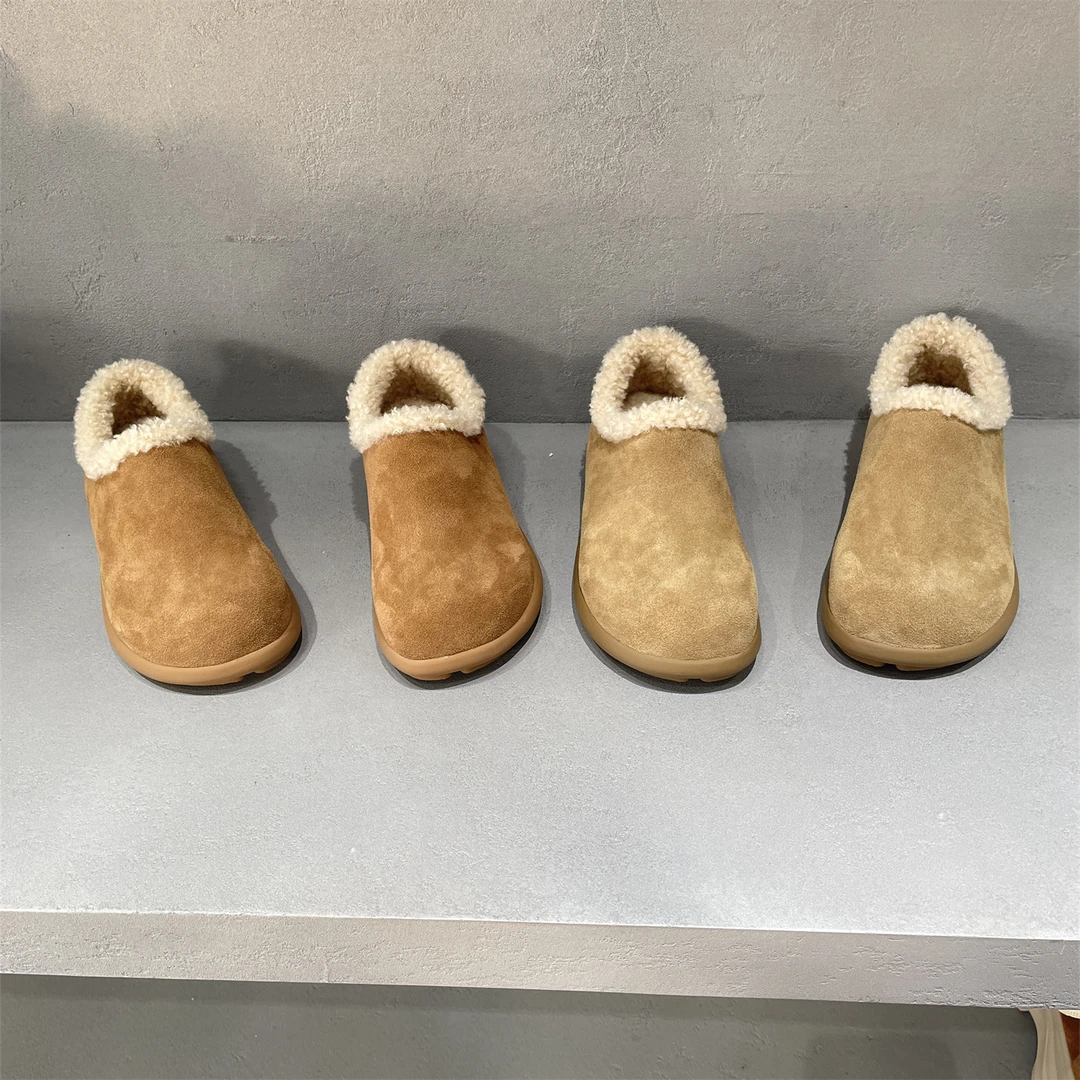 XFMD欧洲站2025冬款真皮女鞋百搭舒适保暖羊毛磨砂皮平底勃肯鞋