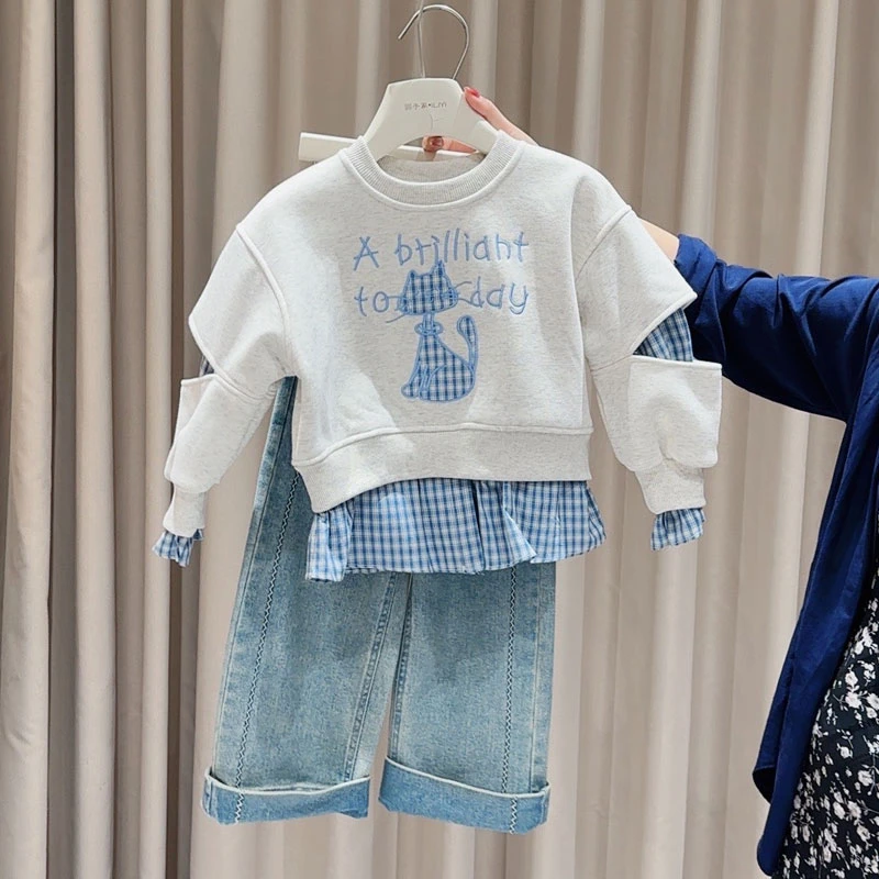 加绒女童格子拼接加绒上衣儿童一体绒卫衣女孩卡通印花儿童衣服