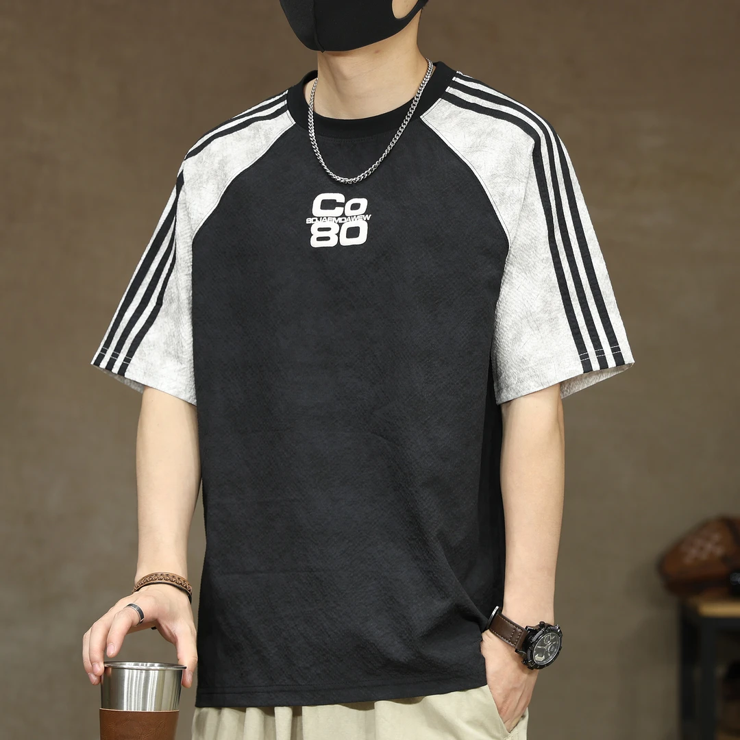 高端夏季冰丝速干泡泡纱短袖t恤男士薄款宽松圆领大码半袖体恤潮T