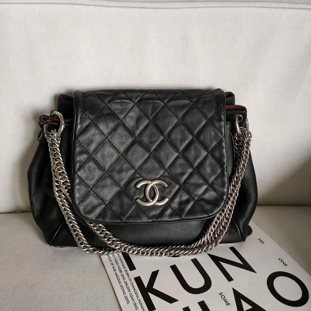 95新 Chanel/香奈儿 Azul - 黑银羊皮滚边南瓜时尚单肩包 38509