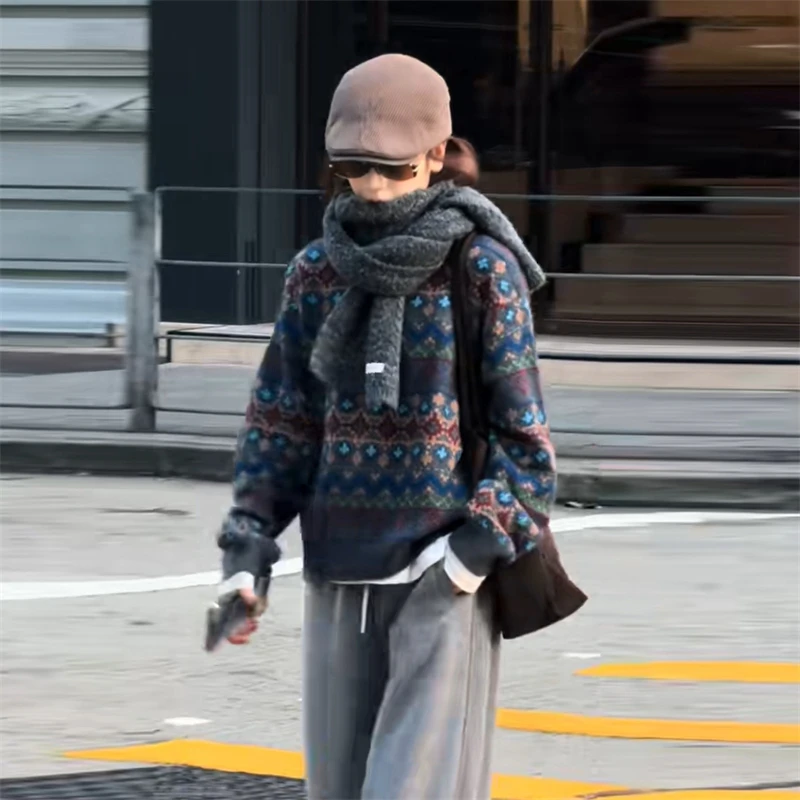 复古韩系时尚简约通勤针织衫2025秋季新款拼接休闲遮肉减龄针织衫