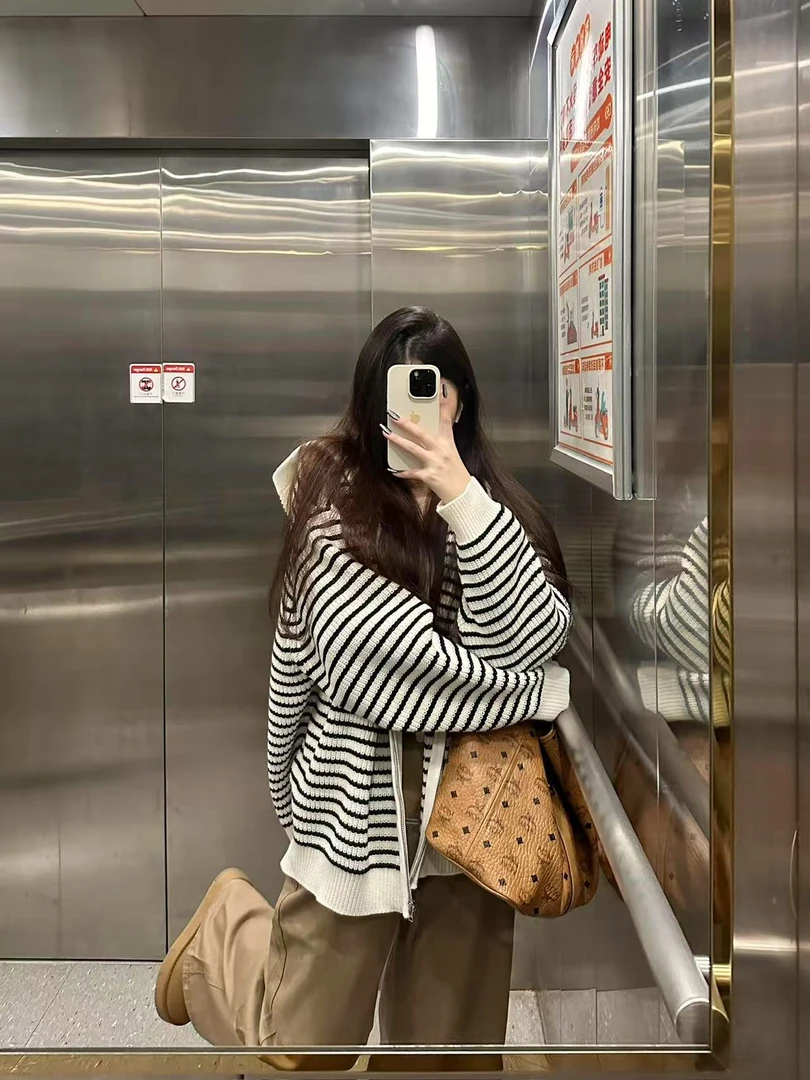 韩系软糯慵懒风条纹毛衣外套女秋季松弛感百搭小个子针织开衫上衣