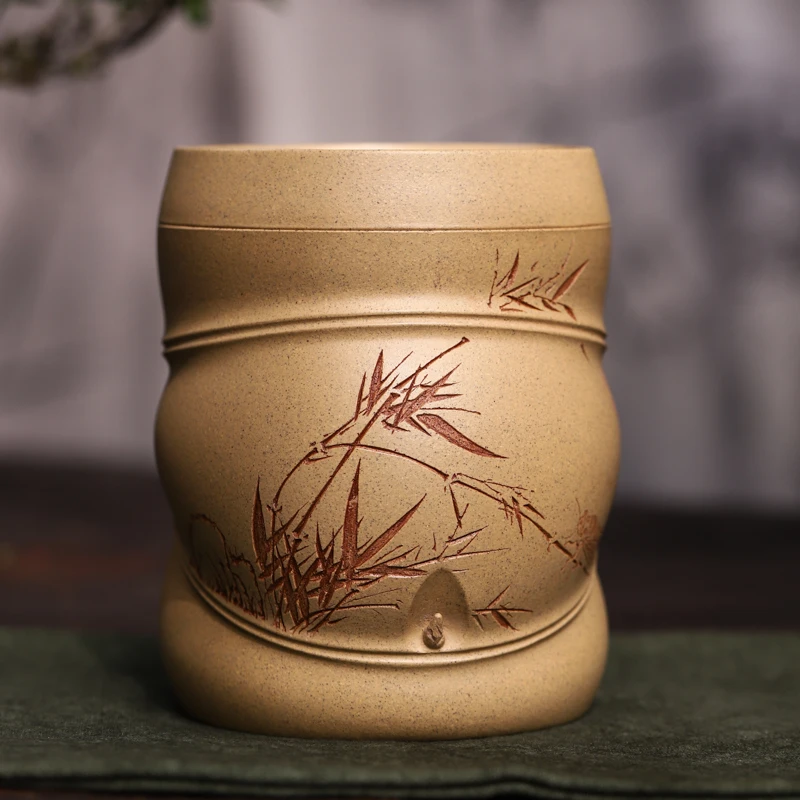 宜兴紫砂 | 九斋创意竹刻绘紫砂茶叶罐 佛肚竹高