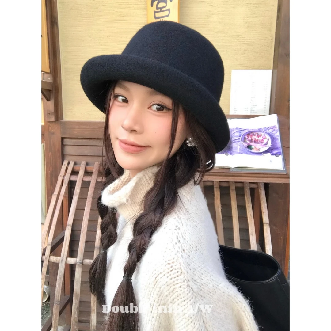 【100%羊毛】复古黑色卷边礼帽女秋冬赫本风渔夫帽时髦盆帽