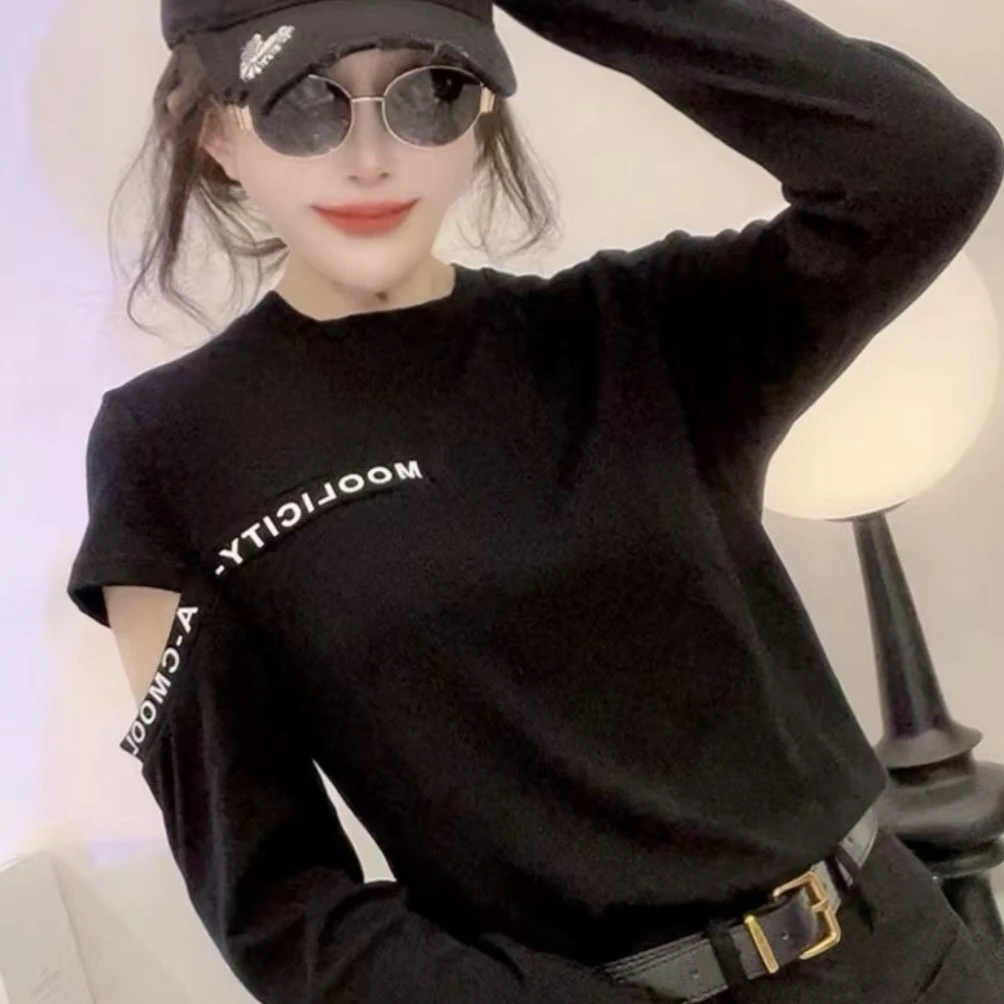 欧洲站2025秋季新款时尚字母打底衫女洋气修身显瘦圆领T恤上衣潮