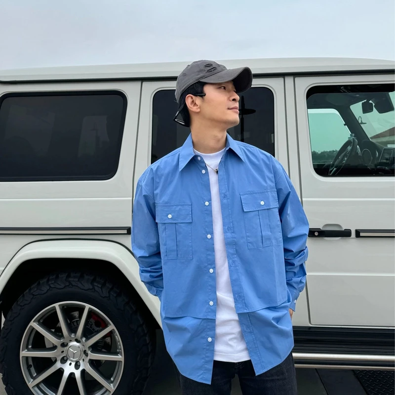 宽松【蓝色多口袋拼接衬衫】男女同款D26001