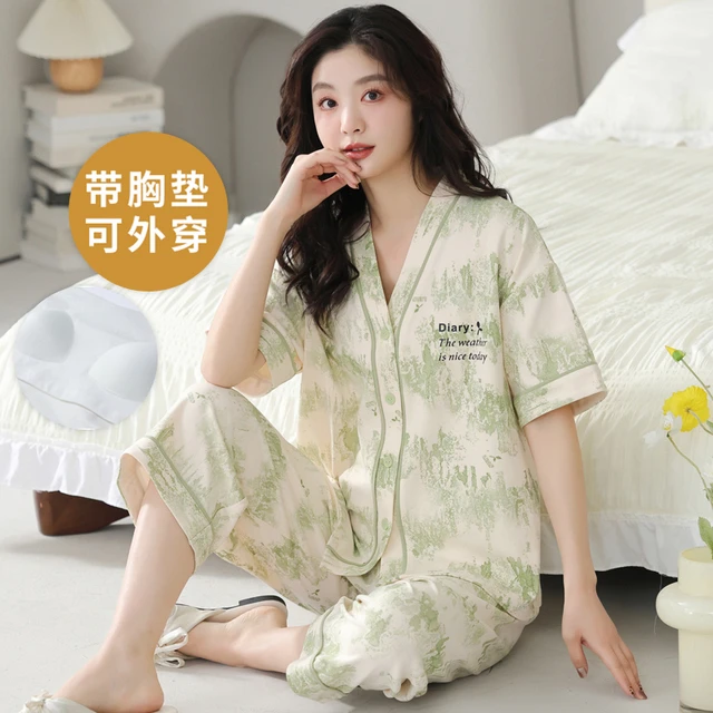 夏季自带胸垫一体短袖睡衣裤套组和服开衫女棉七分裤家居服夏天韩