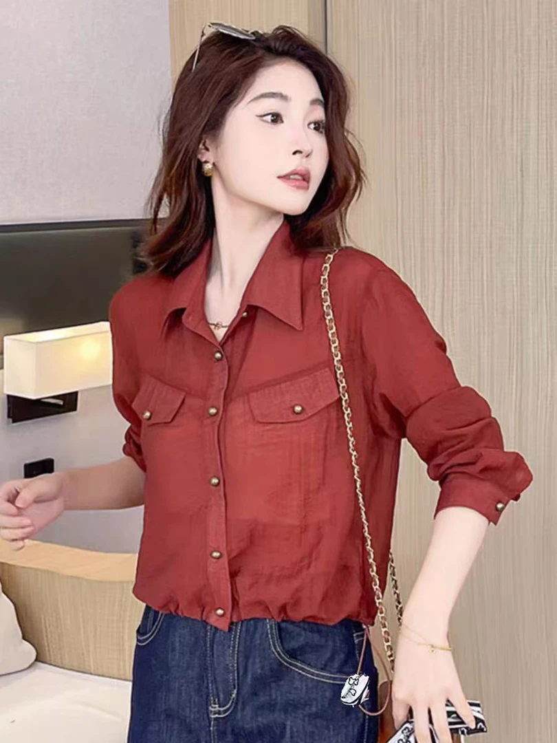 6101#宽松显瘦长袖衬衫女秋季设计感小众衬衣时尚简约上衣（约48）