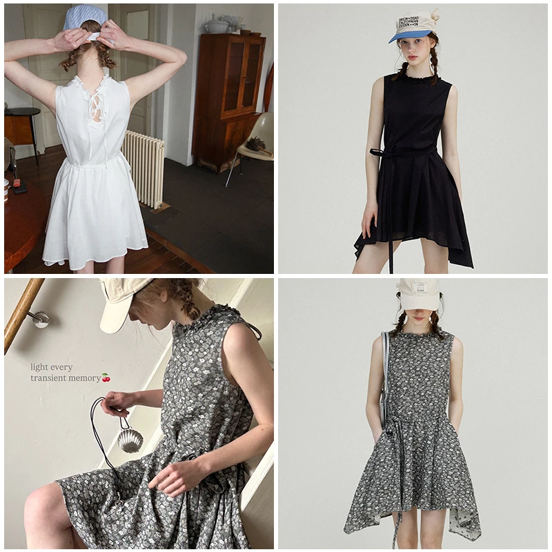 Letm 住进夏天的灵魂里'抽褶花边不规则裙摆收腰无袖连衣裙女