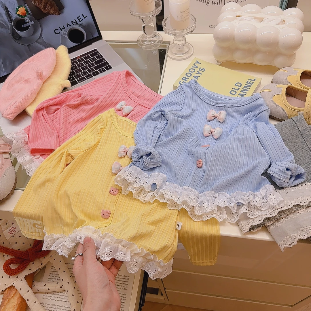 2025春秋新款女童甜美立体蝴蝶结蕾丝花边打底洋气女宝宝长袖T恤