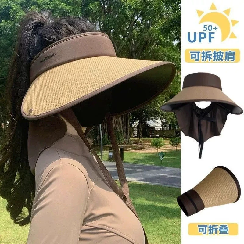 2025新款帽女夏护颈遮阳帽大帽檐户外草编空顶防紫外线女孩帽子