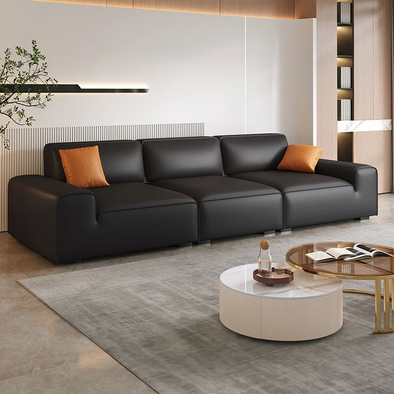现代简约真皮沙发客厅小户型大黑牛豆腐块科技布艺直排设计师沙发