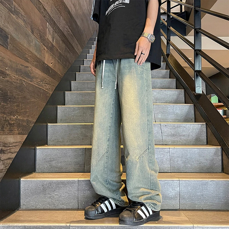 A438春秋潮牌美式复古做旧水洗微喇叭显瘦牛仔裤