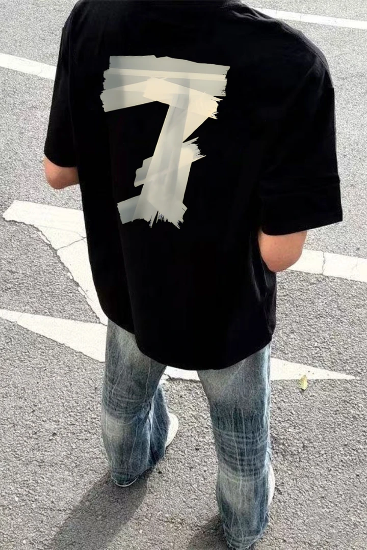 100%重磅纯棉短袖胶带数字7印花帅气嘻哈圆领宽松ins休闲潮牌学生